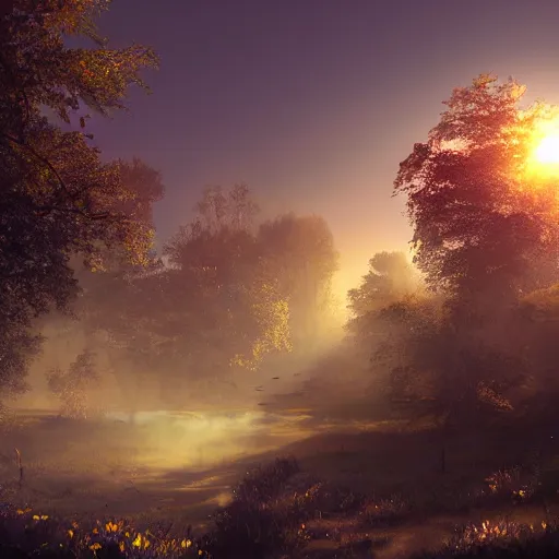 Image similar to warhammer, volumetric lighting, dew, spring evening, clear weather, realistic illustration, golden hour, perfectly shaded, soft painting