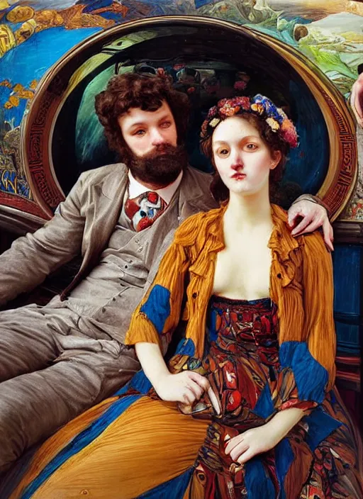 Prompt: detailed colourful masterpiece of photography couple portrait sat down love extreme closeup, inside an underwater train, detailed realistic expressions, wearing unusual clothes, by ford madox brown and frederic leighton and greg hildebrandt