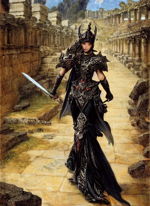 Prompt: woman in dark princess dragon armor, she is holding a katana sword, walking on the mystical ancient ruins. by william henry hunt