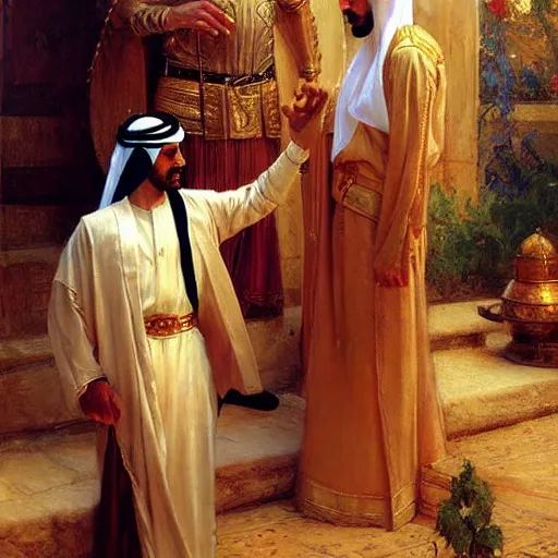 Image similar to attractive fully clothed arab king confesses his love for his attractive fully clothed male prince. highly detailed painting by gaston bussiere, craig mullins, j. c. leyendecker