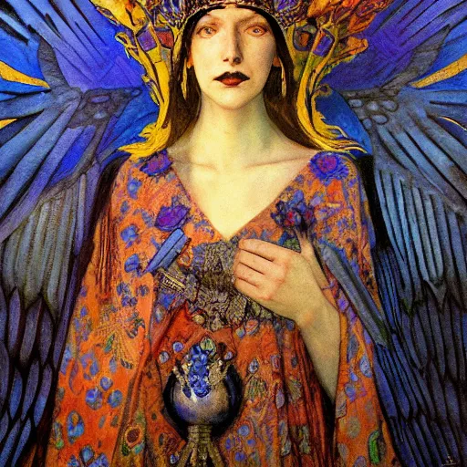 Prompt: the raven queen in her crown, by Annie Swynnerton and Nicholas Roerich and Diego Rivera, blue skin, elaborate costume, geometric ornament, rich color, dramatic cinematic lighting, smooth, sharp focus, extremely detailed