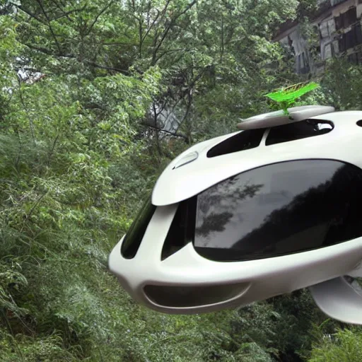 Image similar to a futuristic flying car floating through an overgrown abandoned city