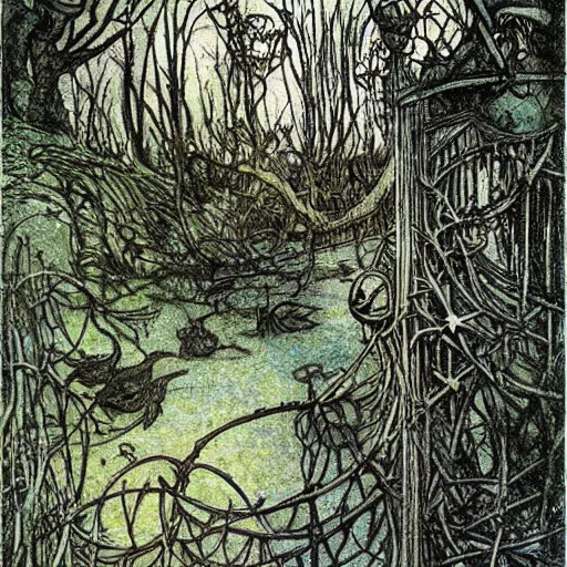 Prompt: fantastic underwater world, environment, building, faerie magic, cast iron fence, thorns, briarwood, overgrown, by Arthur Rackham,full colour, extremely detailed