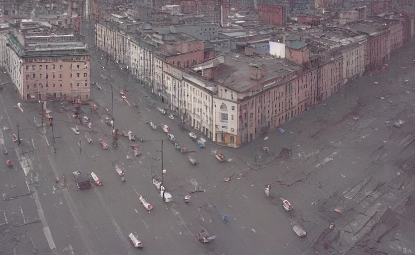 Prompt: 1990s aerial photograph historic footage of a sovietic streets with pedestrians, very large aerial view from a drone, aerial view Cinestill 800t 18mm, heavy grainy picture, very detailed, high quality, 4k panoramic, rain, mud, foggy