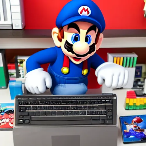 Prompt: super mario as a real person working on his computer in the office, highly detailed, award winning photography