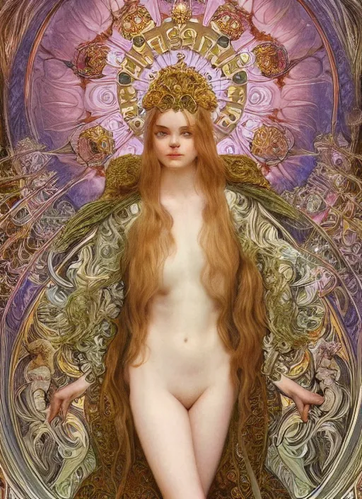 Prompt: Elle Fanning as God of Beauty, cute, fantasy, intricate, elegant, highly detailed, digital painting, 4k, HDR, concept art, smooth, sharp focus, illustration, art by alphonse mucha,artgerm, H R Giger