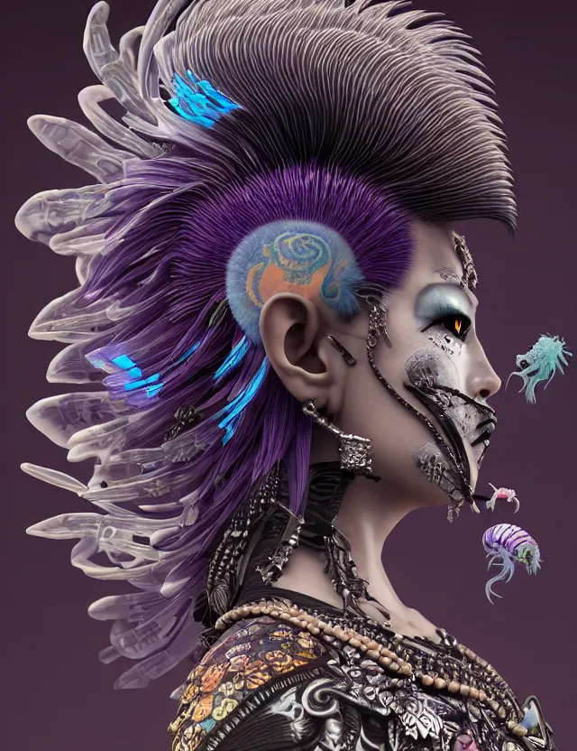 Image similar to 3 d goddess close - up profile portrait punk with mohawk with ram skull. beautiful intricately detailed japanese crow kitsune mask and clasical japanese kimono. betta fish, jellyfish phoenix, bio luminescent, plasma, ice, water, wind, creature, artwork by tooth wu and wlop and beeple and greg rutkowski