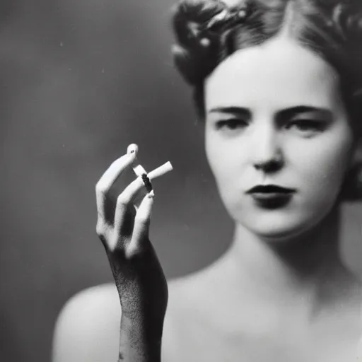 Prompt: Close-up of highly detailed female's hand holding cigarette with smoke, vintage photo,