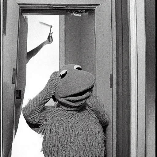 Image similar to photographs of FBI Kermit finding Elmo Esteves in a closet