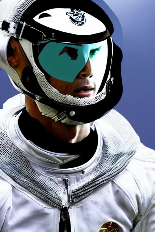 Image similar to portrait of cristiano ronaldo with astronaut armor and helmet, majestic, solemn