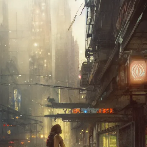 Image similar to wanderer, sidewalk of a cyberpunk megacity, dramatic lighting, detailed background, gorgeous view, realistic, high detail, depth of field, lightrays, atmospheric, digital art, painted by greg rutkowski, painted by jeremy mann, painted by alphonse mucha, trending on artstation