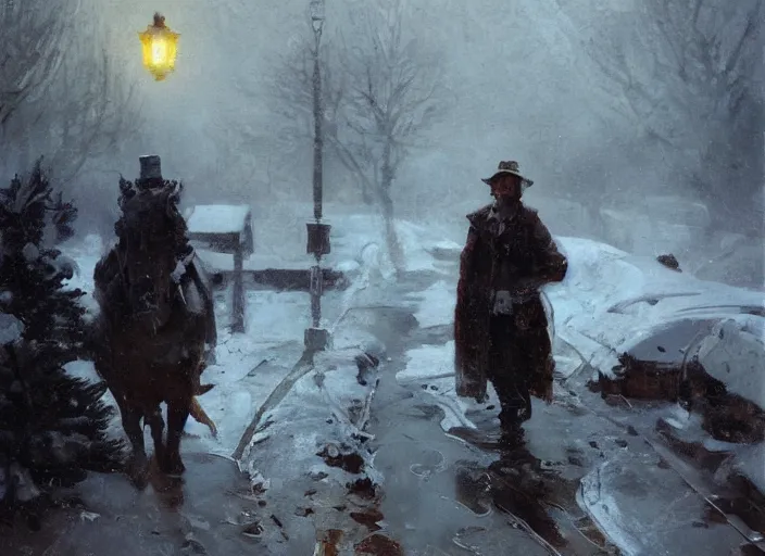 Prompt: oil painting, snow blizzard, high detailed art by anders zorn, wonderful masterpiece by greg rutkowski, beautiful cinematic light, american romanticism by greg manchess, creation by tyler edlin