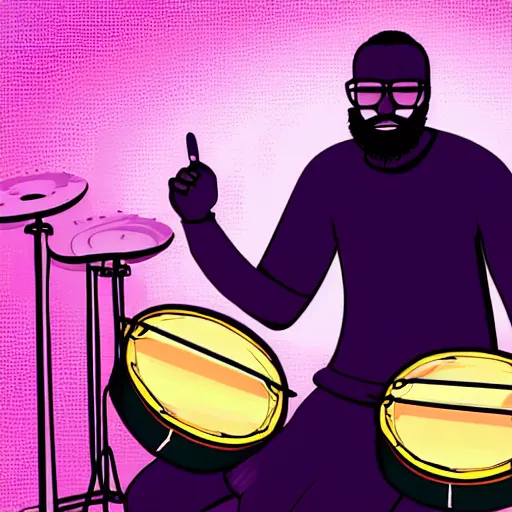 Prompt: 33 year old slender mixed south African man with glasses and trimmed beard playing a drum kit, bibles in the background, digital art in synthwave style