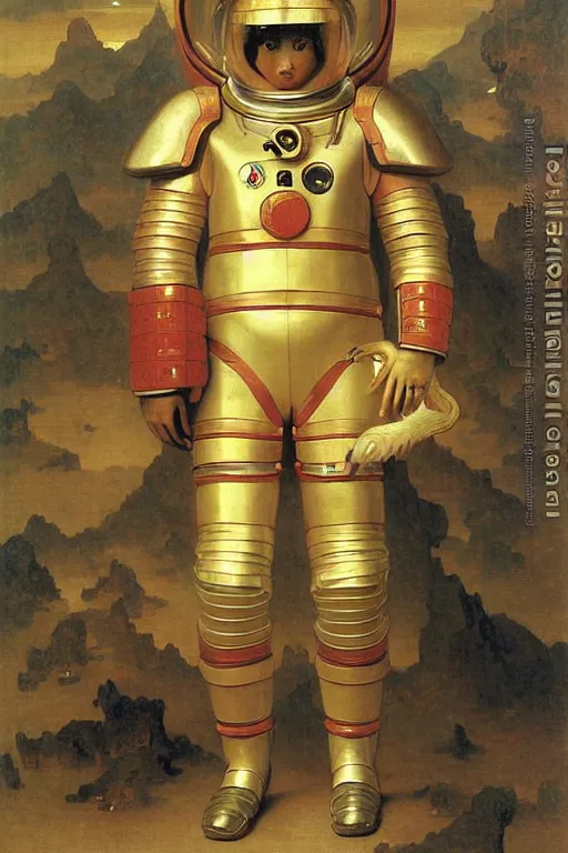 Image similar to portrait of a astronaut is a chinese dragon in armor and helmet, majestic, solemn, by bouguereau