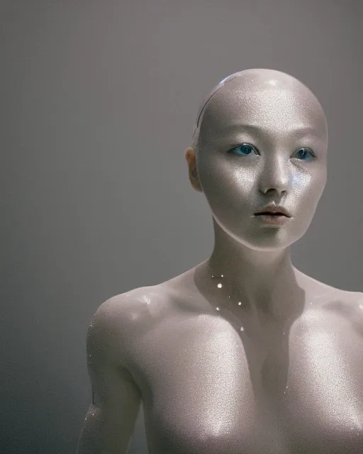 Prompt: beautiful centered fine art photo portrait of hoyeon jung as a solarpunk robotic humanoid, white mechanical parts with bright halogen lights, walking in shallow water, ultra - realistic and detailed, white background, natural lighting, soft focus, slow exposure hdr 8 k