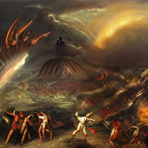 Image similar to alien invasion, fall of rome, epic painting