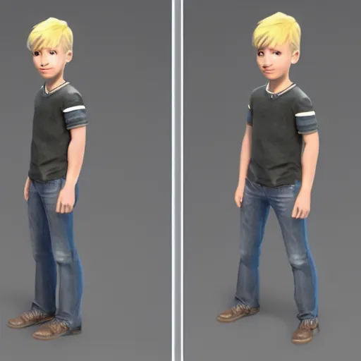 Image similar to full body unreal engine 5 render of a blonde boy with a highly detailed face