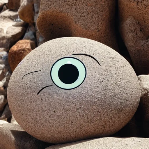 Image similar to a smooth stone that has 2 googly eyes. on a desert cliff with a blurry background.