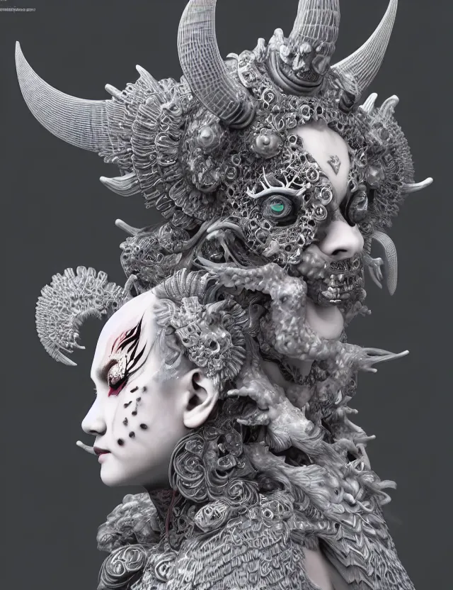 Image similar to 3 d goddess close - up profile satan biohazard portrait with crown, ram skull. beautiful intricately detailed japanese crow kitsune mask and clasical japanese kimono. betta fish, jellyfish phoenix, bio luminescent, plasma, ice, water, wind, creature, artwork by tooth wu and wlop and beeple and greg rutkowski