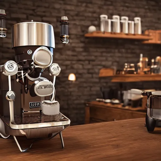 Image similar to dslr photo of a steampunk robotic espresso machine with small scientific gears, android coffee shop, 4 k, photorealistic, cycles render, unreal engine, cafe lighting, cinematic,