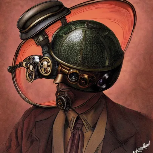 Prompt: steampunk mushroom helmet with tube eyes hyperrealistic, hyperdetailed, chaykin howard and campionpascale and cooke darwyn and davis