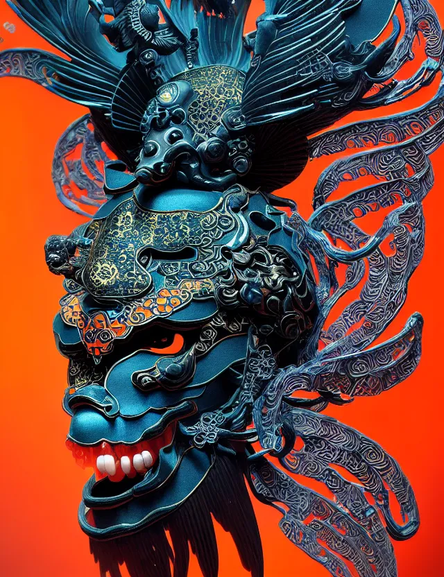 Image similar to 3 d goddess close - up profile portrait biomechanics with ram skull. beautiful intricately detailed japanese crow kitsune mask and clasical japanese kimono. betta fish, jellyfish phoenix, bio luminescent, plasma, ice, water, wind, creature, artwork by tooth wu and wlop and beeple and greg rutkowski. gold and black and teal and orange color scheme