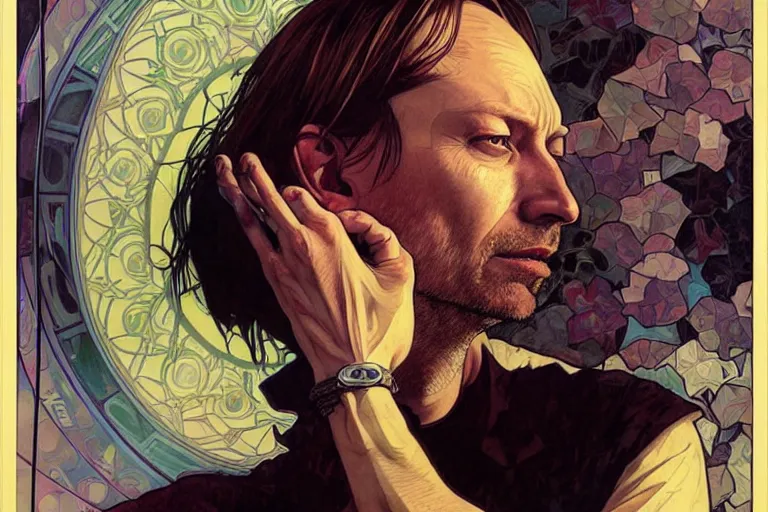 Image similar to hyper realistic portrait of radiohead paranoid android, by lee bermejo, alphonse mucha and greg rutkowski