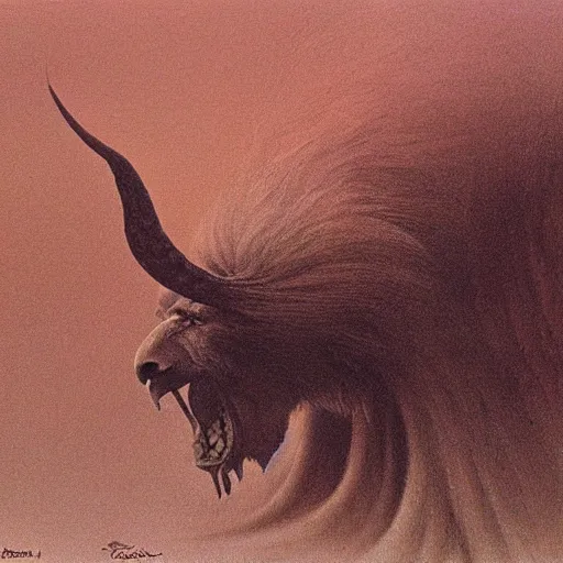 Image similar to the man with the beak of an eagle, the mane of a lion, the horns of a bull. drawn by zdzislaw beksinski