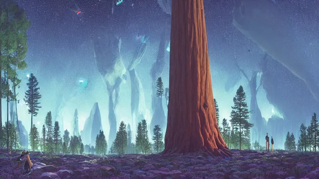 Prompt: a giant sequoia forest with fireflies an luminescent wild flowers and futuristic white temples at night and lots of cummulonimbus clouds and a spaceship by makoto shinkai, by moebius!, by oliver vernon, by joseph moncada, by damon soule, by manabu ikeda, by kyle hotz, by dan mumford, by kilian eng