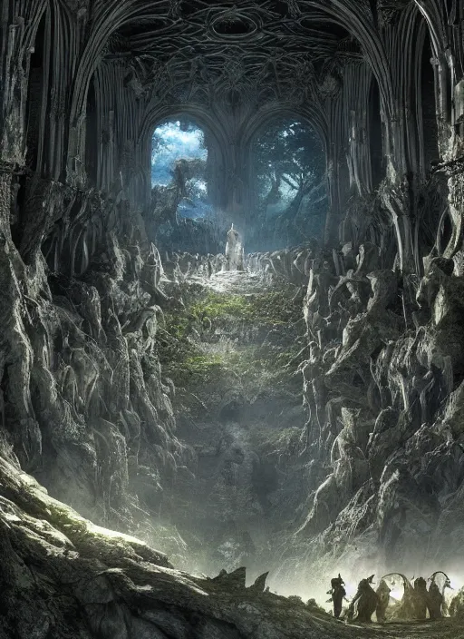 Prompt: medieval adventurers in the lord of the rings scenery landscape, inside an enormous overgrown alien cathedral, huge statue of a dragon, portal to another dimension in the sky, highly detailed, cinematic lighting, perfect composition, 4 k, gustave dore, derek zabrocki, greg rutkowski, octane render