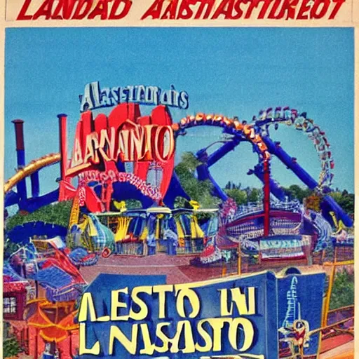 Prompt: poster of the amusement park called asbestos land