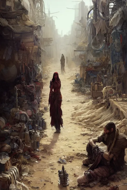 Prompt: a full body portrait of a beautiful post apocalyptic offworld artisans district bedouin blind pulp fiction scarlet wild rogue barbarian leper begging by the roadside, intricate, elegant, highly detailed, digital painting, artstation, concept art, smooth, sharp focus, illustration, art by krenz cushart and artem demura and alphonse mucha