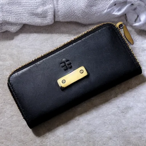 Image similar to womans black leather wallet with a gold zipper