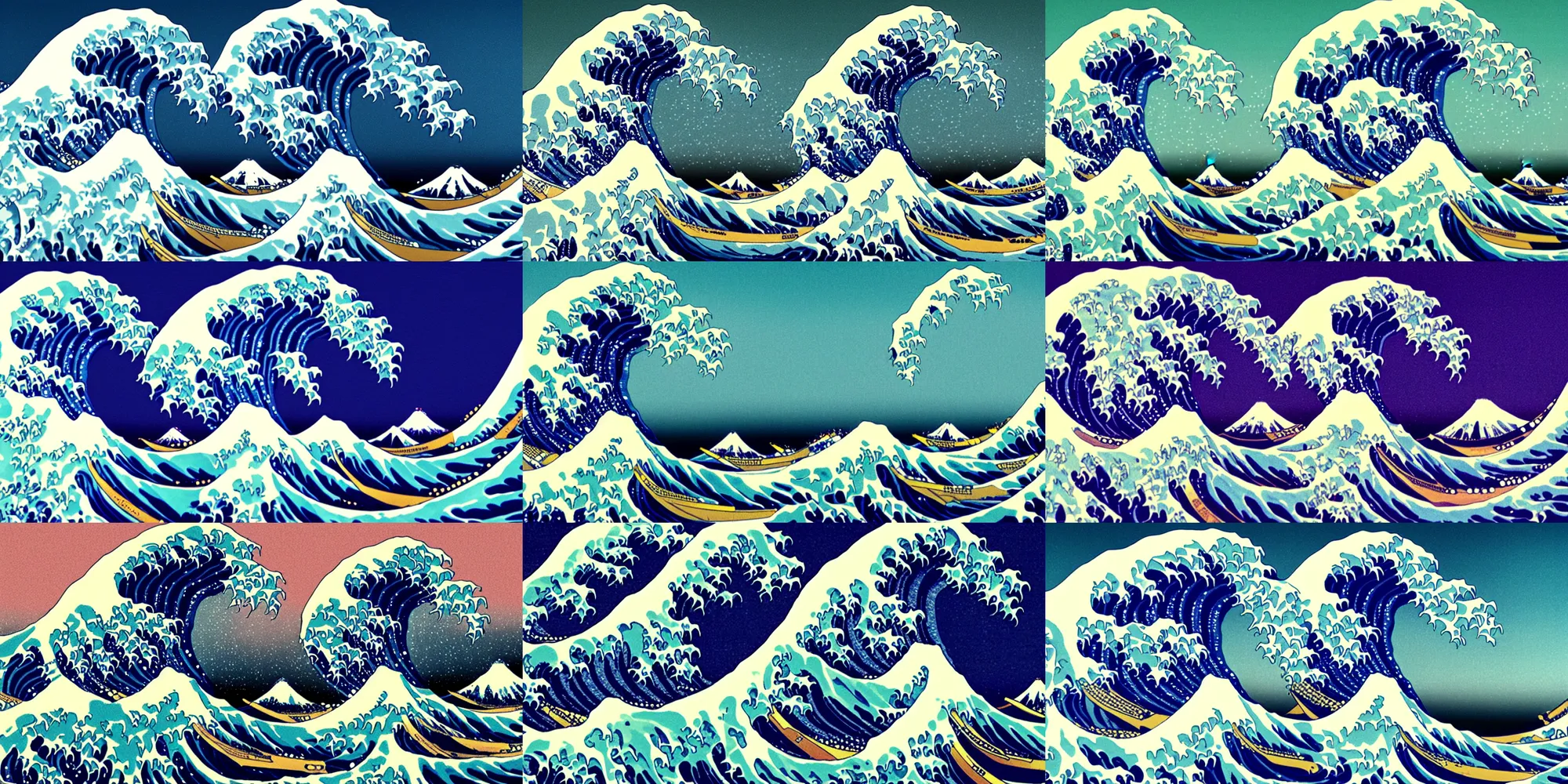 Prompt: great wave off kanagawa, unexpected glitch art, vaporwave aesthetic