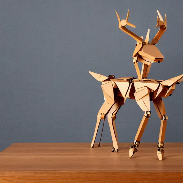 Image similar to a photograph of a deer origami and a humanoid robot mecha origami on top of a wooden table