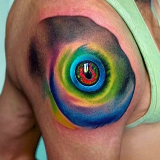Prompt: shoulder tattoo of a multicolored trippy bushbaby with rainbow colored spiral eyes, a furry tail in rainbow colors, surrounded with a ring of colorful mushrooms, insanely integrate