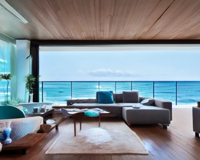 Prompt: A modern living room in a ocean hues style next to a big terrace overlooking the ocean, luxurious wooden coffee table in the center, inspired by the ocean, calm, relaxed style, harmony, wide angle shot, 8k resolution