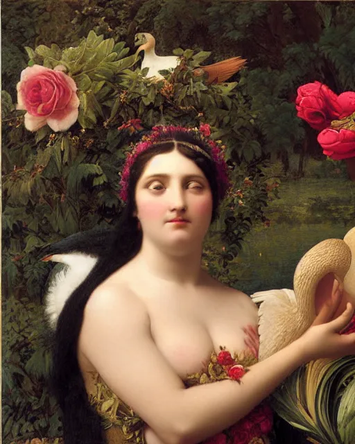 Prompt: beautiful portrait of a goddess hugging a swan, beautiful eyes, pomegranates and roses, close-up portraiture, golden ratio, painted by John William Godward and Jean Auguste Dominique Ingres and Anna Dittman,