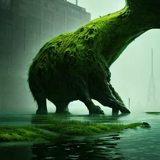 Image similar to indoors. dangerous creature lurking, eyes visible. a large body of water with green algae in it, a matte painting by filip hodas, cg society contest winner, environmental art, matte painting, volumetric lighting, cryengine