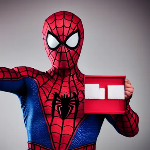 Image similar to man dressed as spiderman taking medicine for headache