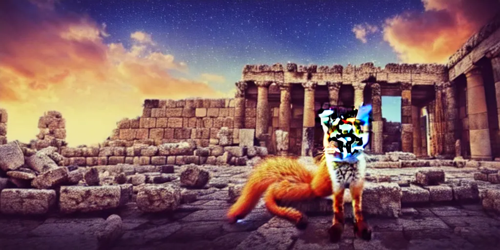 Image similar to A beautiful small fox in the huge ruins of the second temple in Jerusalem :: Dreamy sky :: The third temple hovers quietly in the sky above :: Very colorful painting 8k trending on art station :: Intricate details, very realistic, cinematic lighting, volumetric lighting, photographic blur bokeh defocus dof sky.