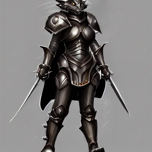 Prompt: A female anthropomorphic wolf wearing heavy knight armor. Concept art. Artstation. Full-body