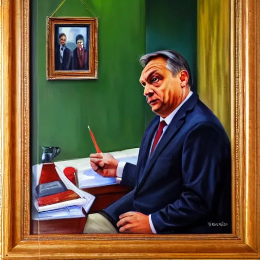 Prompt: viktor orban in a cubicle, oil painting