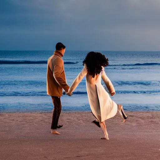 Prompt: zoom in photo of a man and woman, both wearing light brown trenchcoats, dancing together on a beach during cloudy weather, it ’ s night time
