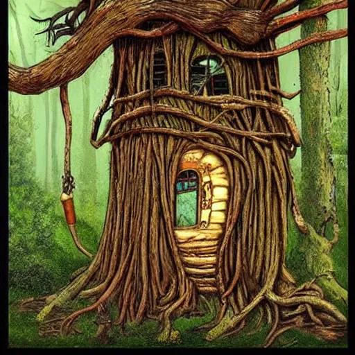 Prompt: Baba Yaga’s house with tree root tendrils coming out from the bottom, lifting it high in the air