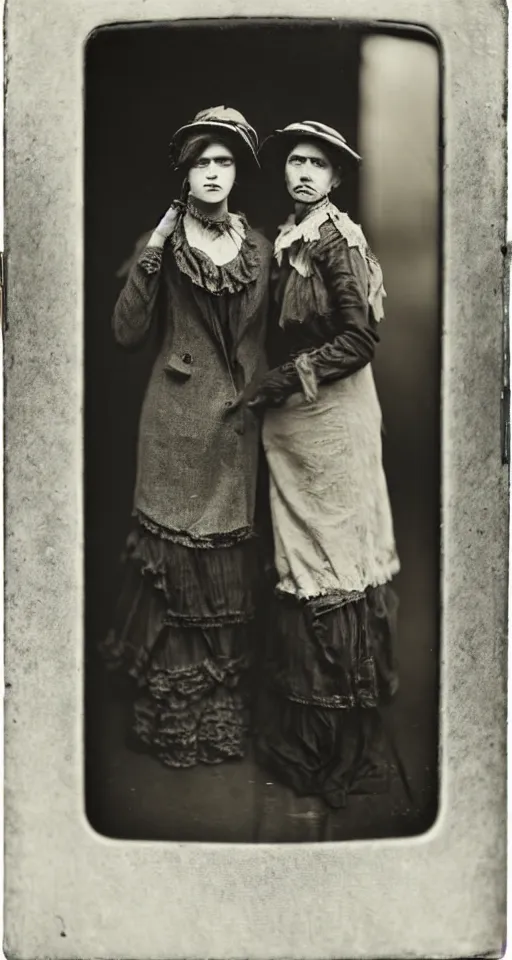 Image similar to wet plate photograph, fashionable ladies on the streets of San Francisco, 1908, realistic faces