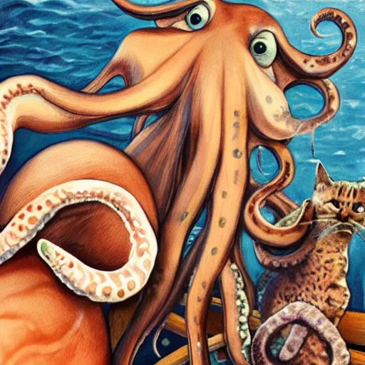 Image similar to octopus and cats taking a selfie together, photorealistic