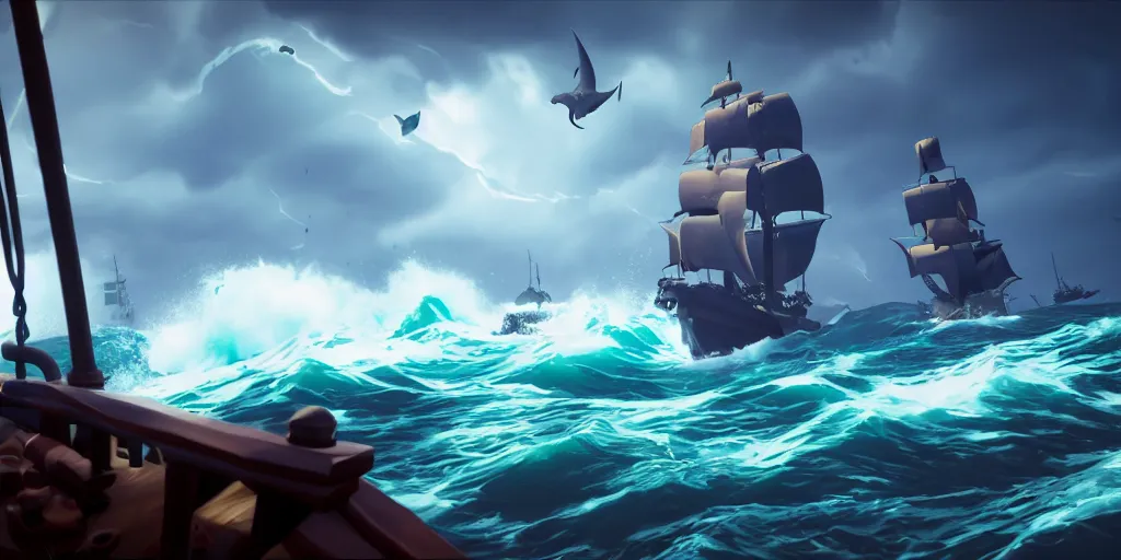 Prompt: a shark attacking a ship in a rough sea, sea of thieves style, unreal engine, cinematic, waves, fog, clouds, rain