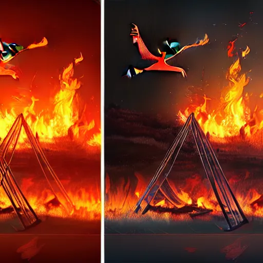 Image similar to in the lower part of the picture is the harp burning in the fire, above are cranes flying in flames, digital painting, concept art