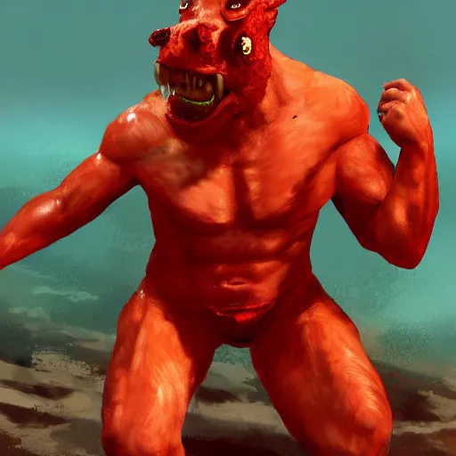 Image similar to a male red devil wears a swimming trunks ,fullbody, hell, landscape, pride, ,environment, artstation
